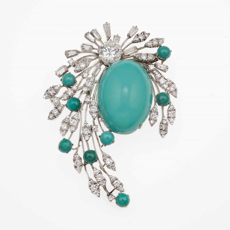 Diamond and turquoise brooch  - Auction Fine and Coral Jewels - Cambi Casa d'Aste