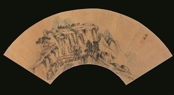 Ventaglio dipinto su carta con paesaggio e iscrizioni, Cina, Dinastia Qing, XIX secolo