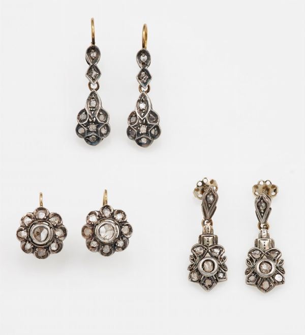 Three pairs of rose-cut diamond, silver and low karat gold earrings