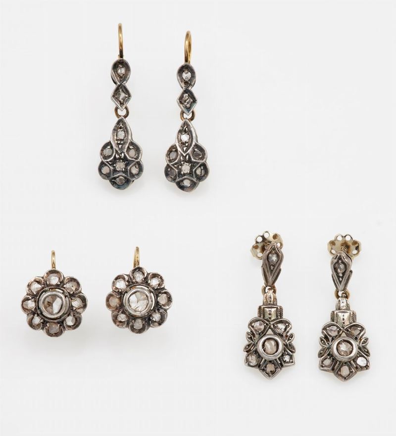 Three pairs of rose-cut diamond, silver and low karat gold earrings  - Auction Jewels | Cambi Time - Cambi Casa d'Aste