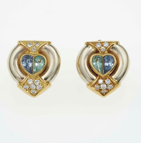 Pair of sapphire, emerald and diamond earrings