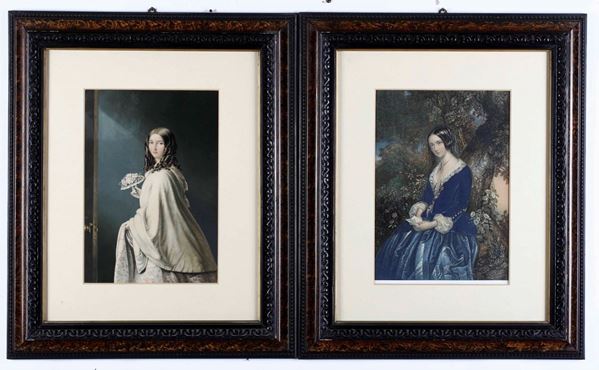 George Baxter - Due ritratti di dame in eleganti cornici Ritratti di dame