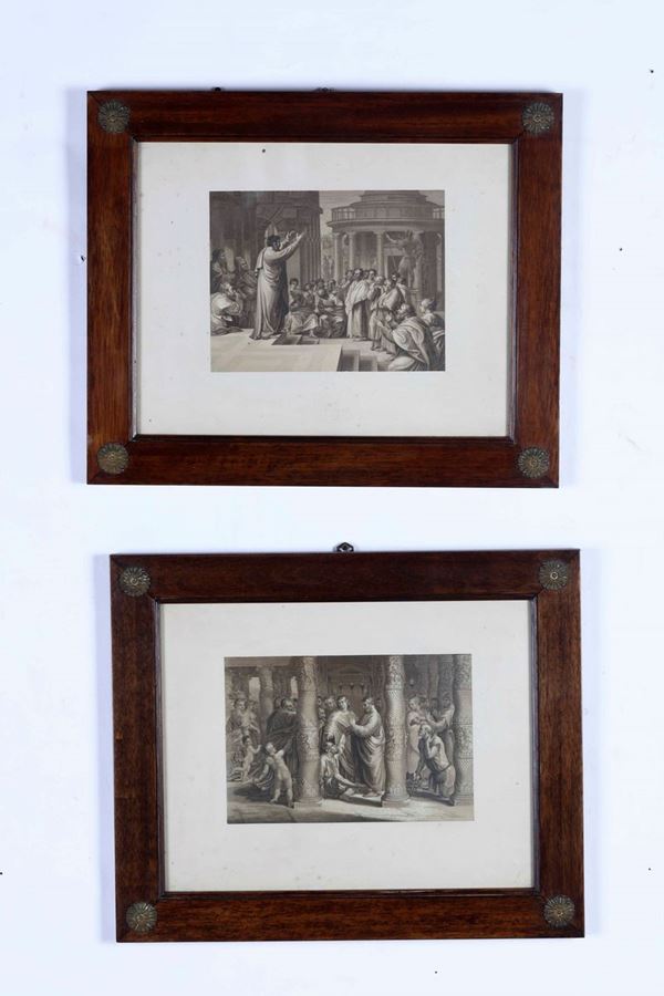 Coppia di stampe religiose da cartoni di Raffaello Sanzio (cm 37,5 x 41)