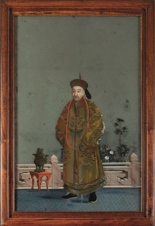 Raro dipinto su specchio raffigurante imperatore, Cina, Dinastia Qing, XVIII secolo