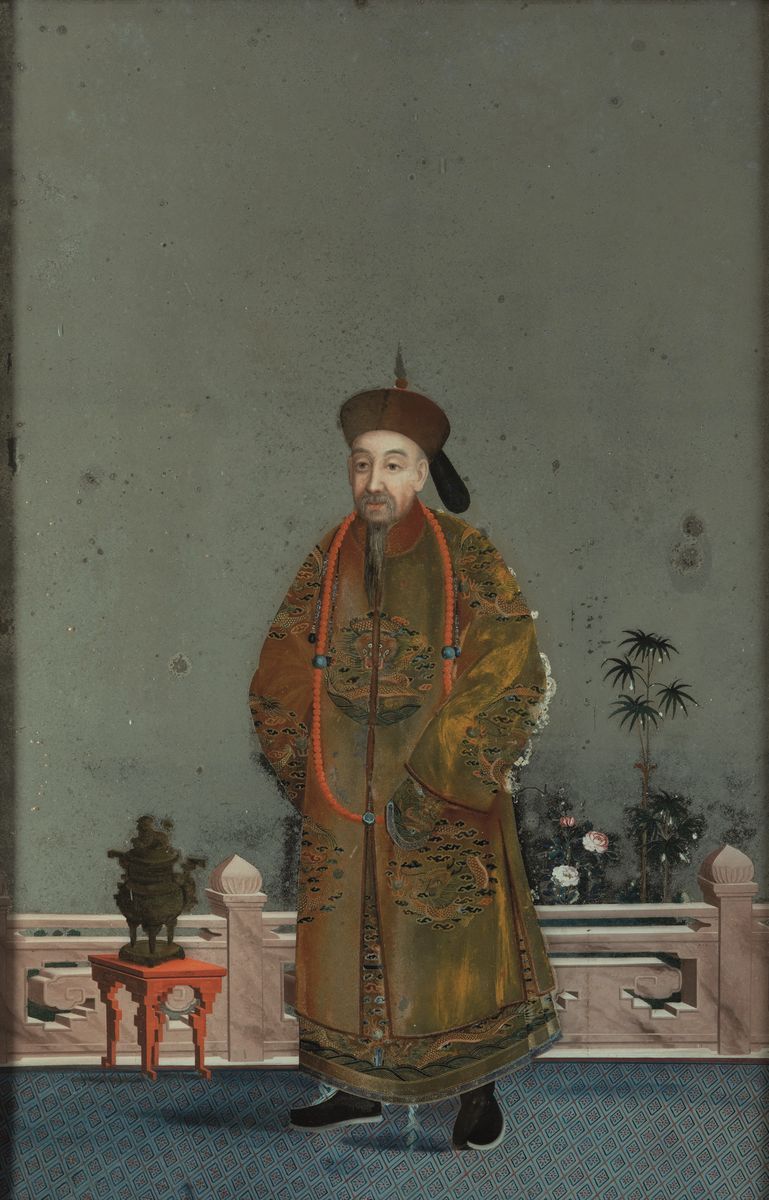 Raro Dipinto su Specchio Raffigurante Imperatore, Cina, Dinastia Qing, XVIII Secolo
