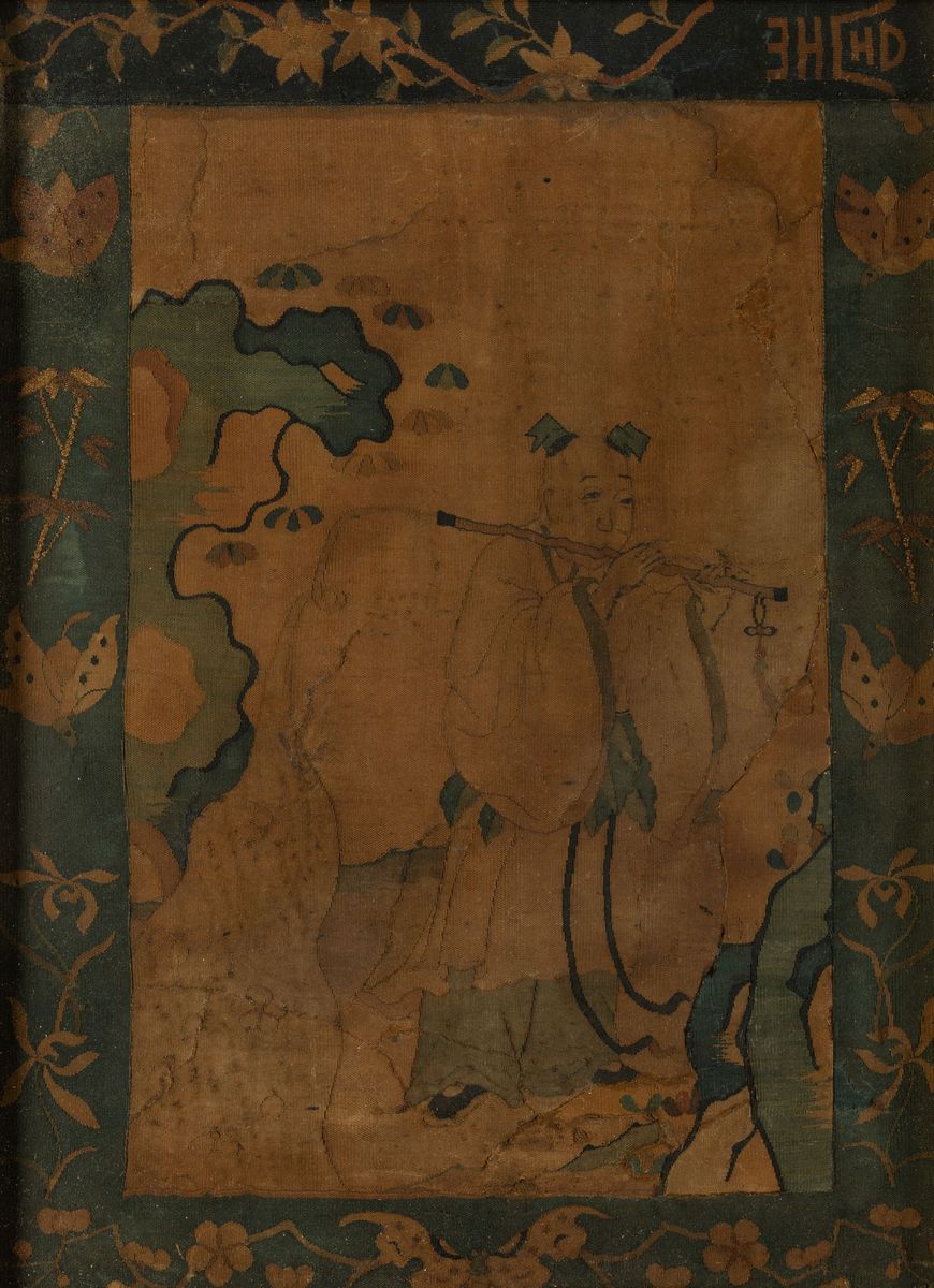 Rara Coppia di Tessuti Kesi Raffiguranti Due Immortali Entro Paesaggio, Cina, Dinastia Yuan (1279...