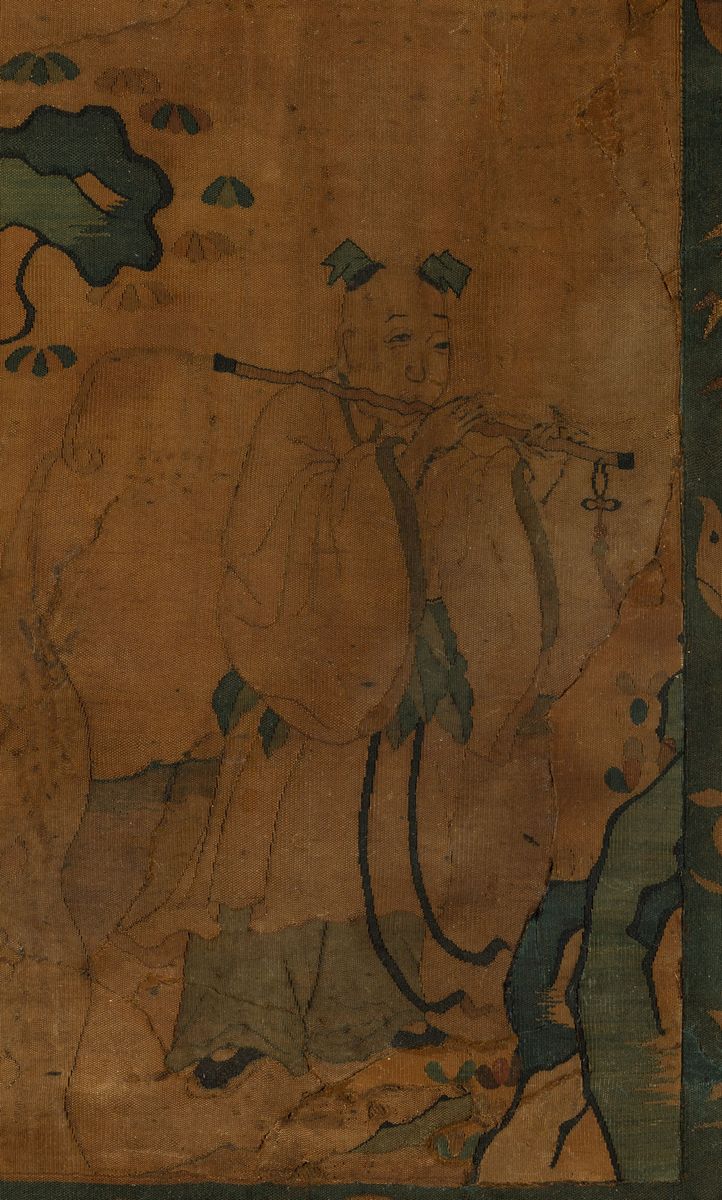 Rara Coppia di Tessuti Kesi Raffiguranti Due Immortali Entro Paesaggio, Cina, Dinastia Yuan (1279...