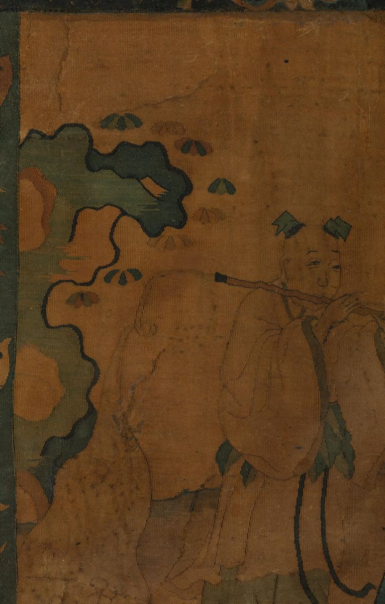 Rara Coppia di Tessuti Kesi Raffiguranti Due Immortali Entro Paesaggio, Cina, Dinastia Yuan (1279...