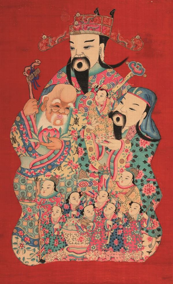 Dipinto su seta raffigurante saggi, dignitario e fanciulli a fondo rosso, Cina, Dinastia Qing, XIX secolo