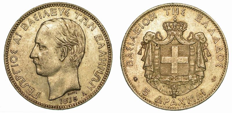 GRECIA. GEORGIOS I, 1863-1913. 5 Drachmai 1875.  - Auction Numismatics - Cambi Casa d'Aste