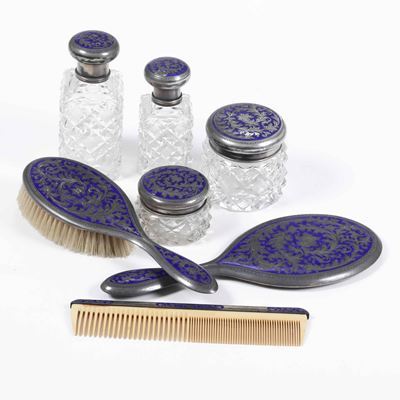 Set da Toilette in Argento e Smalto Blu. Manifattura Italiana del XX Secolo
