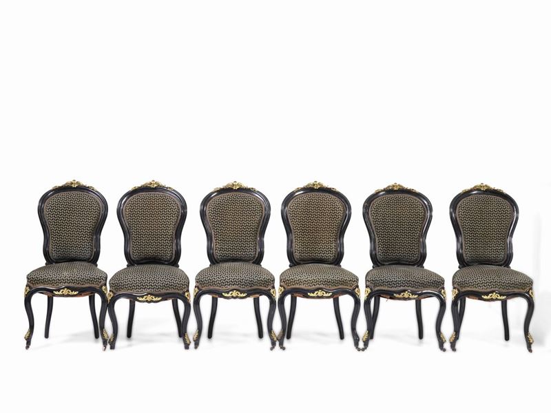 Gruppo di sei sedie in legno ebanizzato con fregi in bronzo dorato. Francia 1870 ca., attribuite a Léon Marcotte & Co.  - Asta Dimore Italiane - Cambi Casa d'Aste