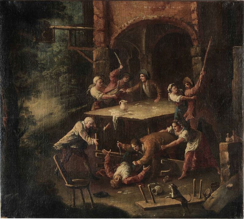 Scuola veneta del XVIII secolo Rissa davanti all’osteria  - olio su tela - Asta Dimore Italiane - Cambi Casa d'Aste
