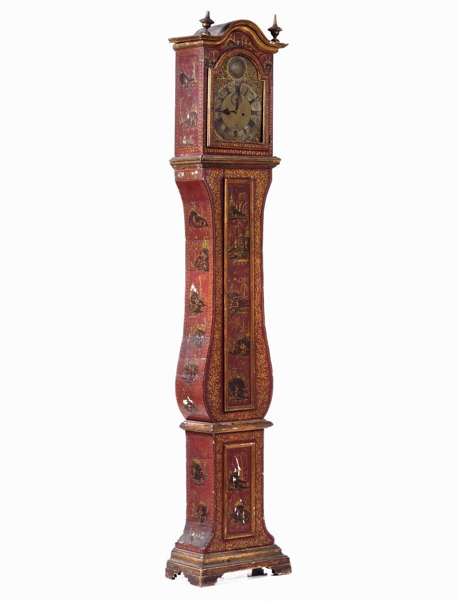 Pendola a Torre in Legno Laccato a Chinoiserie. Inghilterra, XVIII-XIX Secolo