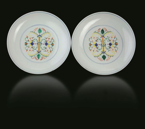 Two Doucai porcelain plates, China, Qing Dynasty