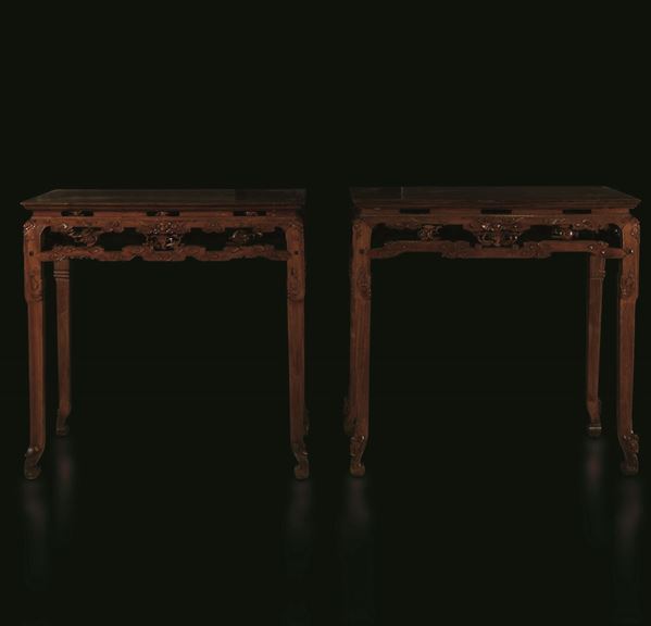 Two Huali wood console tables, China, Qing Dynasty 1800s