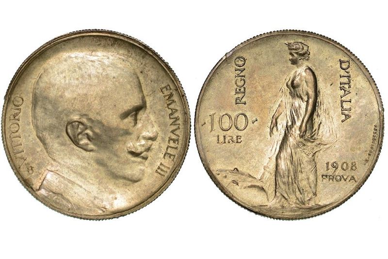 REGNO D'ITALIA. VITTORIO EMANUELE III DI SAVOIA, 1900-1946.  100 Lire 1908. PROVA.  - Auction Numismatics - Cambi Casa d'Aste