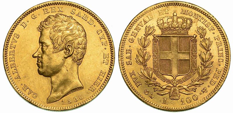 REGNO DI SARDEGNA. CARLO ALBERTO DI SAVOIA, 1831-1849.  100 Lire 1836. Genova.  - Auction Numismatics - Cambi Casa d'Aste
