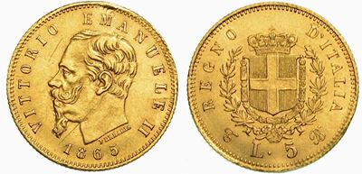 Regno D'italia. Vittorio Emanuele II di Savoia, 1861-1878. 5 Lire 1865. Torino.