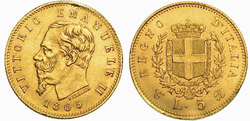 REGNO D'ITALIA. VITTORIO EMANUELE II DI SAVOIA, 1861-1878. 5 Lire 1865. Torino.  - Auction Numismatics - Cambi Casa d'Aste
