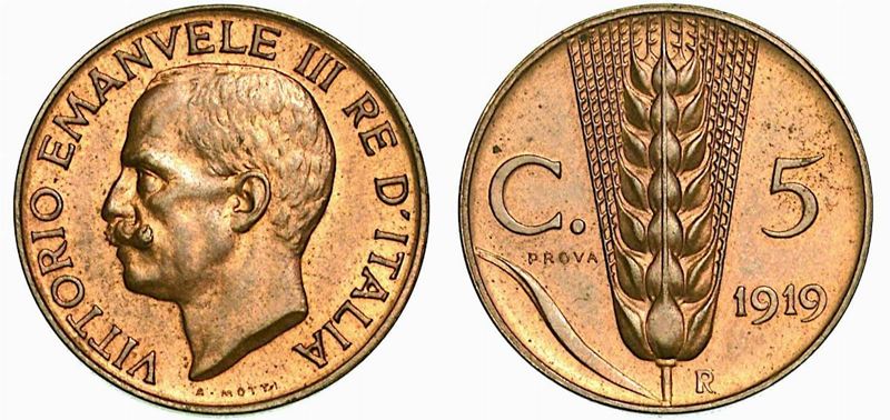 REGNO D'ITALIA. VITTORIO EMANUELE III DI SAVOIA, 1900-1946. 5 Centesimi 1919. PROVA.  - Auction Numismatics - Cambi Casa d'Aste