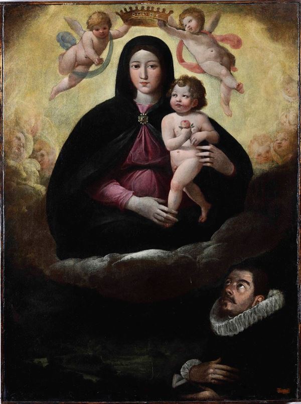 Scuola del XVII secolo Madonna con Bambino incoronata da angeli e figura di committente