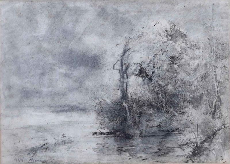 Pompeo Mariani : Paesaggio con fiume  - matita e carboncino su carta - Auction 19th and 20th Century Paintings - Cambi Casa d'Aste
