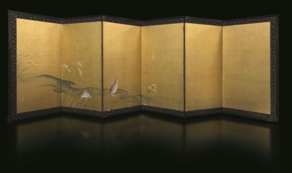 Paravento a sei ante raffigurante scena naturalistica su fondo oro, Giappone, periodo Meiji (1868-1912)