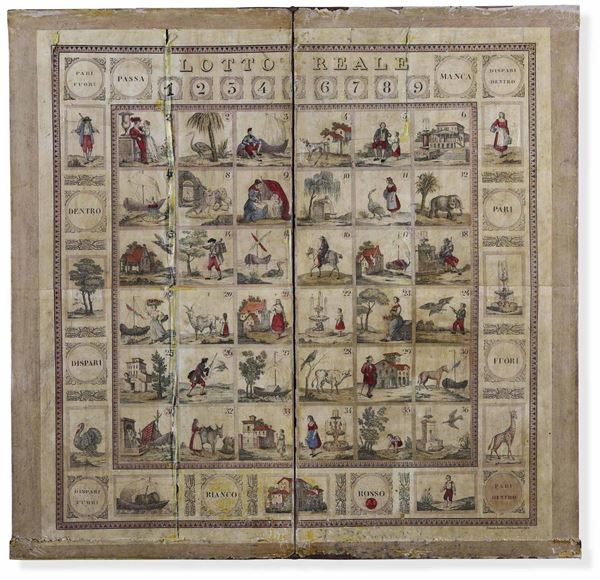 Gioco del Lotto Reale. Incisione su carta dipinta. Italia XVIII-XIX secolo