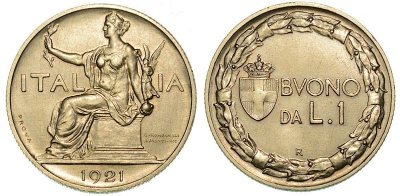 REGNO D'ITALIA. VITTORIO EMANUELE III DI SAVOIA, 1900-1946. Buono da 1 Lira 1921. PROVA.  - Auction Numismatics - Cambi Casa d'Aste