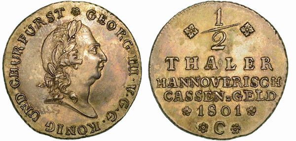 GERMANIA - HANNOVER. GEORG III (GEORGE III OF ENGLAND), ELETTORE DI HANNOVER, 1760-1814. 1/2 Thaler 1801.