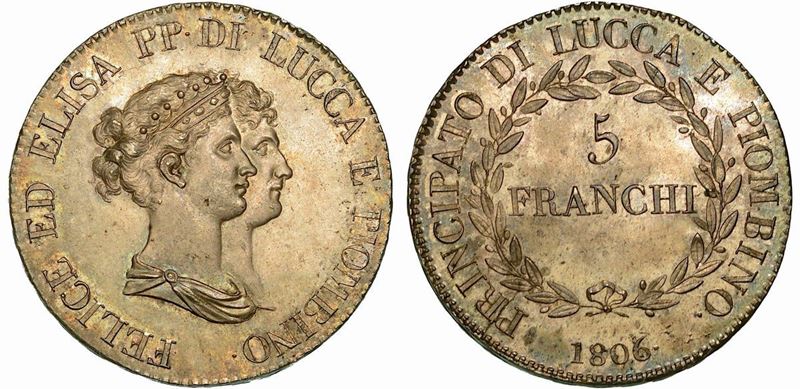 LUCCA E PIOMBINO. ELISA BONAPARTE E FELICE BACIOCCHI, 1805-1814. 5 Franchi 1806.  - Auction Numismatics - Cambi Casa d'Aste