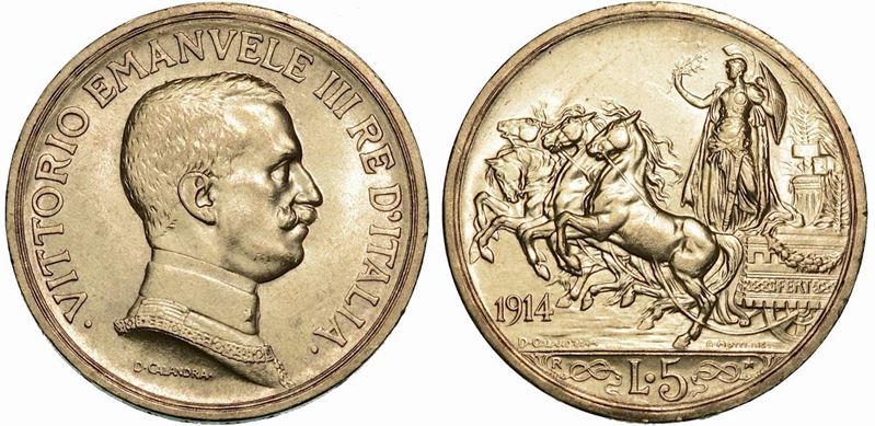 REGNO D'ITALIA. VITTORIO EMANUELE III DI SAVOIA, 1900-1946. 5 Lire 1914. Quadriga Briosa.  - Auction Numismatics - Cambi Casa d'Aste