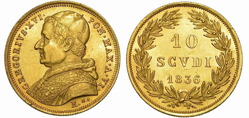 STATO PONTIFICIO. GREGORIO XVI, 1831-1846. 10 Scudi 1836 A. VI. Roma.  - Auction Numismatics - Cambi Casa d'Aste