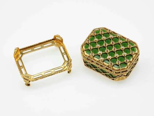 Fabergé. Scatola con smalto verde, diamanti e rubini