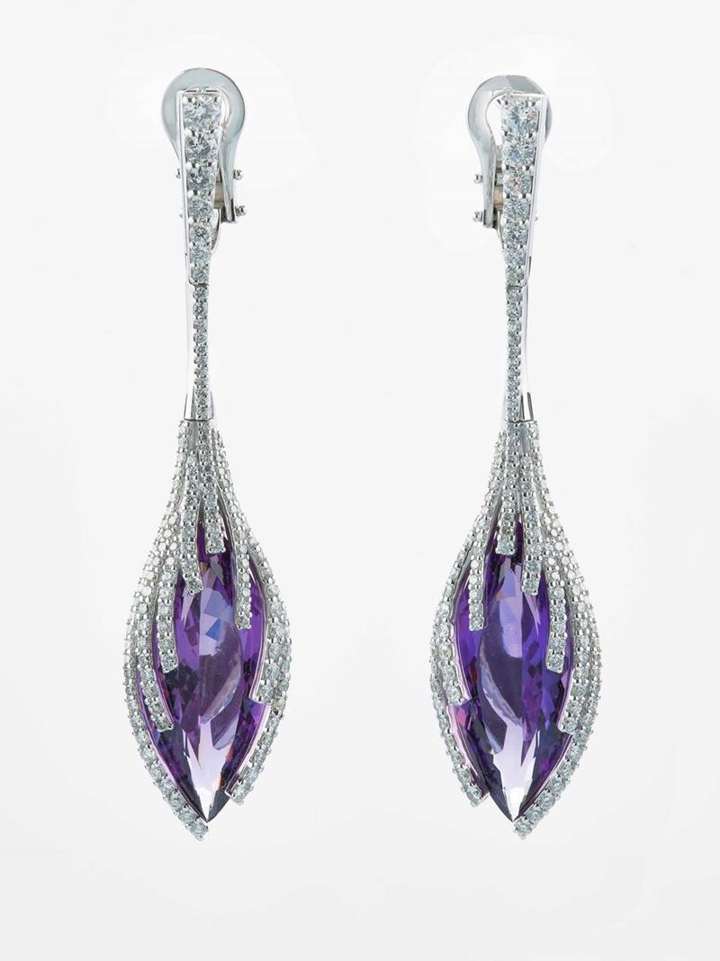 Pair of amethyst and diamond pendant earrings  - Auction Contemporary Jewels - An Italian brand story - Cambi Casa d'Aste