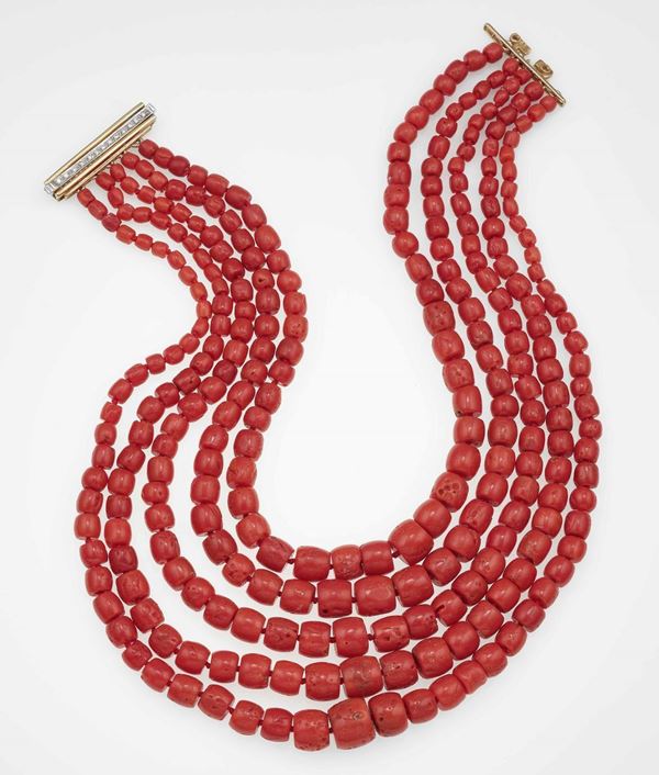 Coral necklace with diamond and gold clasp