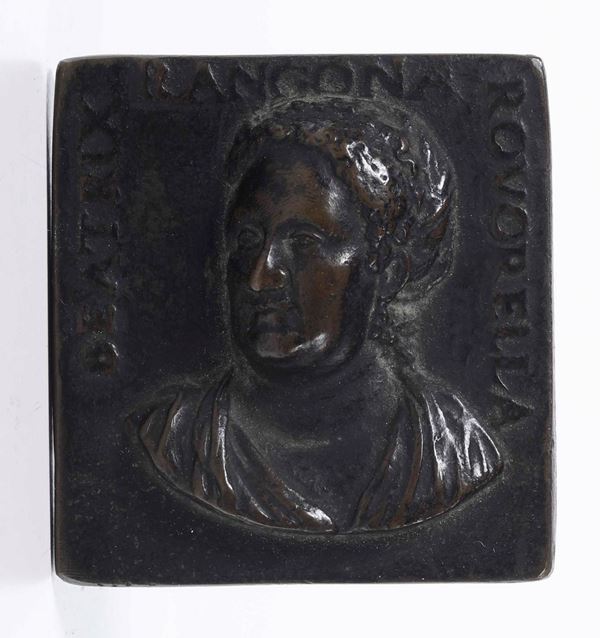 Medaglia con ritratto di Beatrice Roverella. Bronzo fuso e cesellato. Medaglista rinascimentale italiano, XVI secolo
