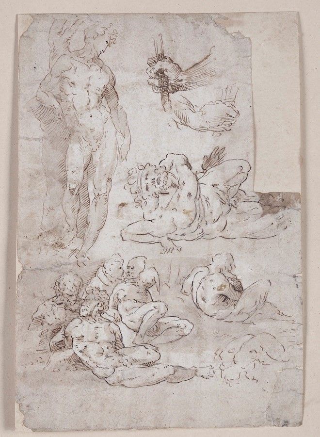 Scuola senese del XVI secolo Studio di figure  - penna e inchiostro bruno su carta - Asta Dipinti Antichi - Cambi Casa d'Aste