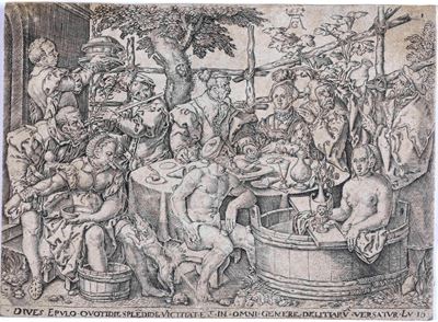 Scuola fiamminga, Banchetto degli Dei, incisione su carta, XVI secolo