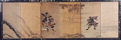 Screen a Sei Ante Dipinte su Carta con Figure di Guerrieri, Giappone, Periodo Meiji (1868-1912)
