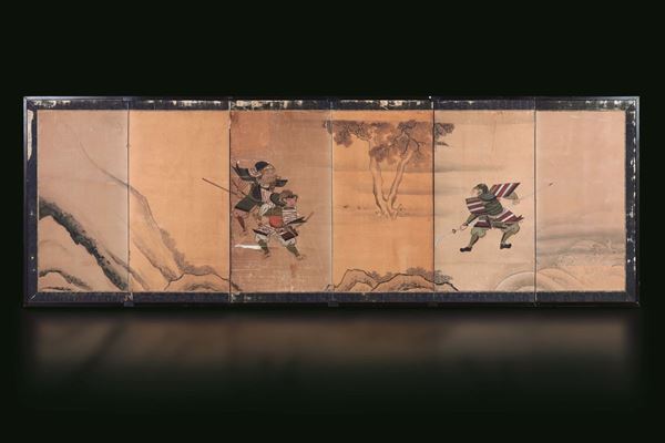 Screen a sei ante dipinte su carta con figure di guerrieri, Giappone, periodo Meiji (1868-1912)
