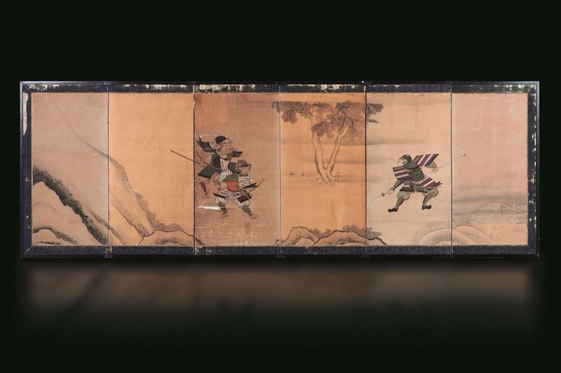 Screen a sei ante dipinte su carta con figure di guerrieri, Giappone, periodo Meiji (1868-1912)  - Asta Fine Chinese Works of Art - Cambi Casa d'Aste