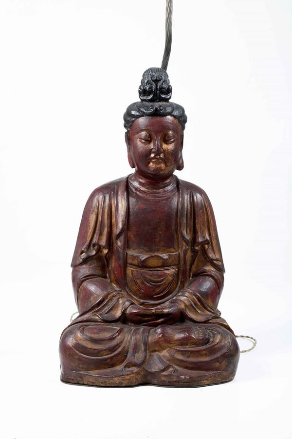 Buddha in legno dorato montato a lampada, Cina, XIX secolo