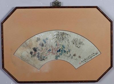 Ventaglio Dipinto e Piccolo Dipinto su Carta di Riso. Cina XX Secolo