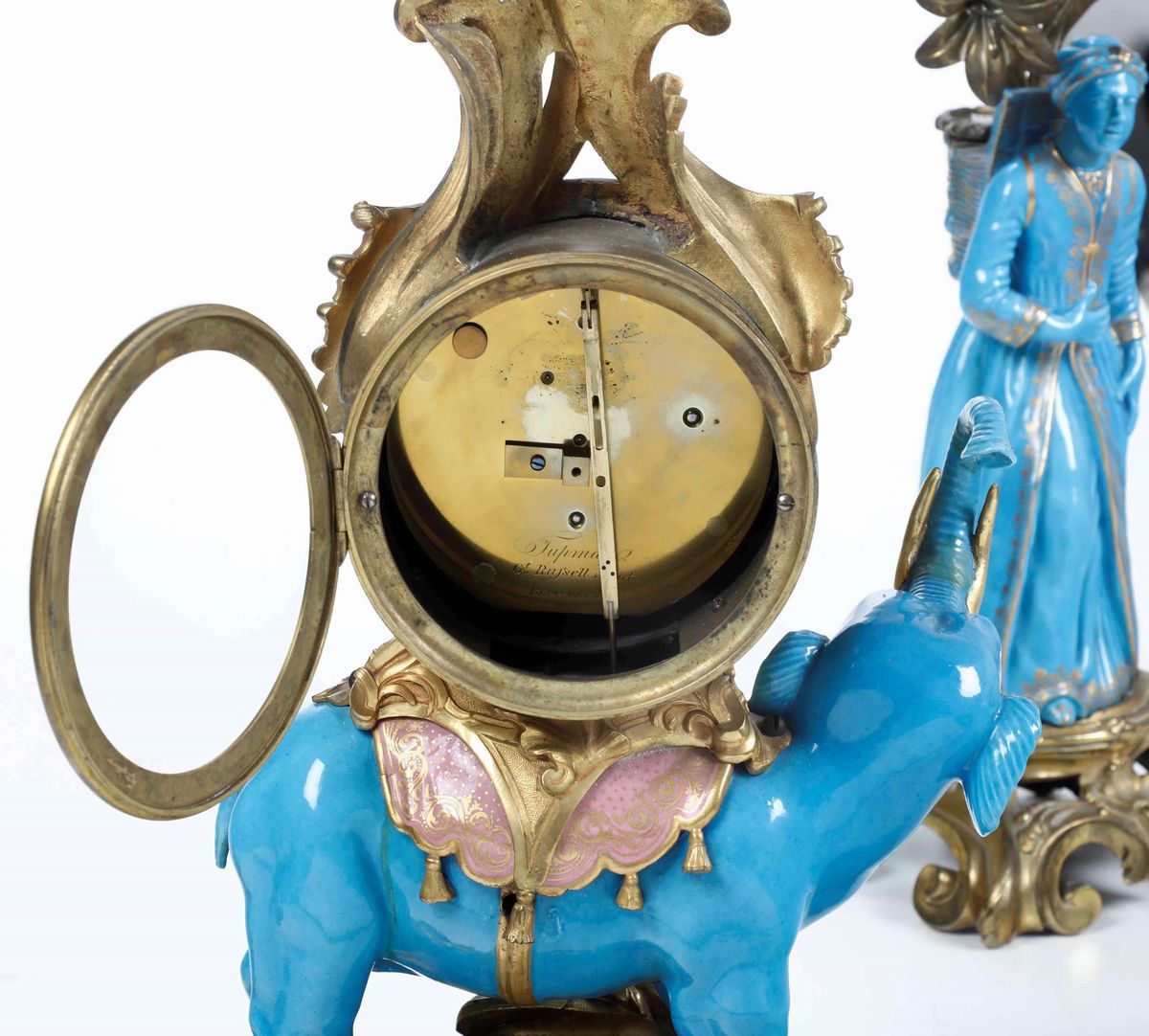 Trittico da Camino in Porcellana Turchese Lumeggiata in Oro e Bronzo Dorato. XIX Secolo