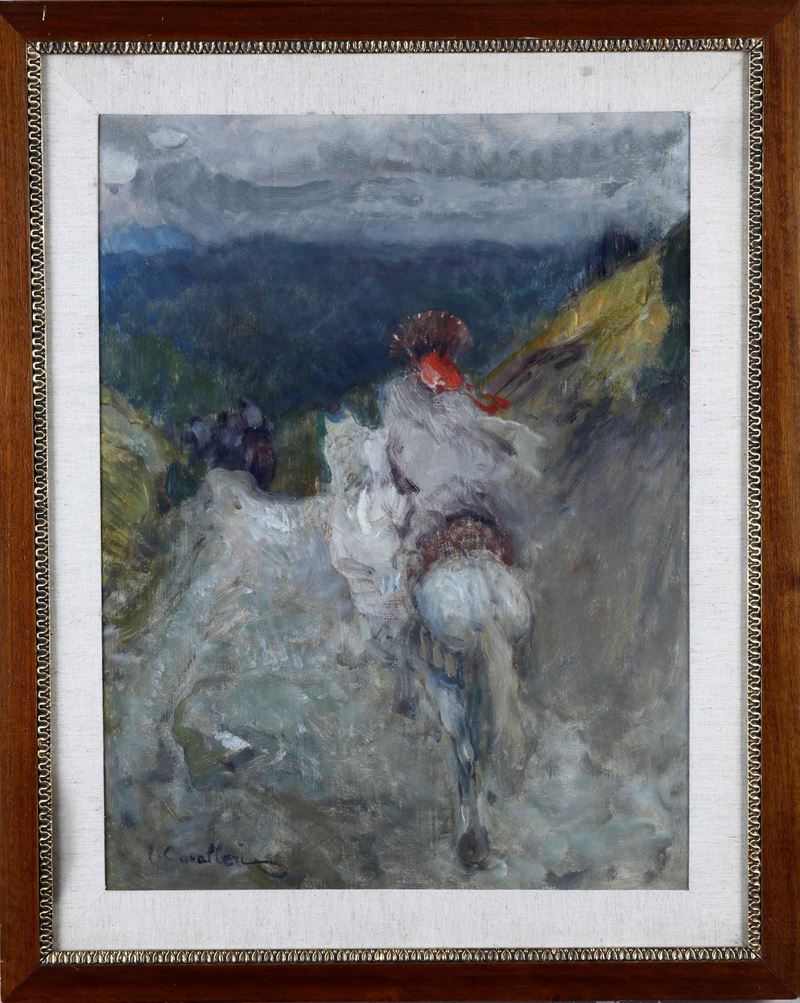 Vittorio Cavalleri : Strada con figura a cavallo  - olio cartoncino - Asta Dipinti del XIX-XX secolo - Cambi Casa d'Aste
