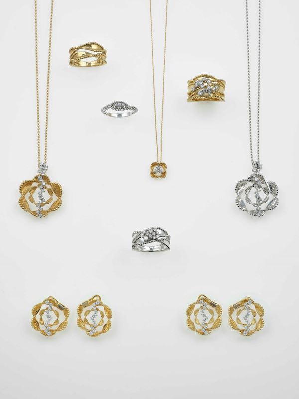 Modello Velvet Diamonds. Lotto composto da sette anelli, due paia di orecchini e quattro pendenti con diamanti