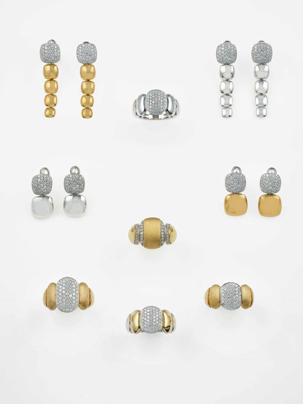 Group of four pairs of earrings and five rings