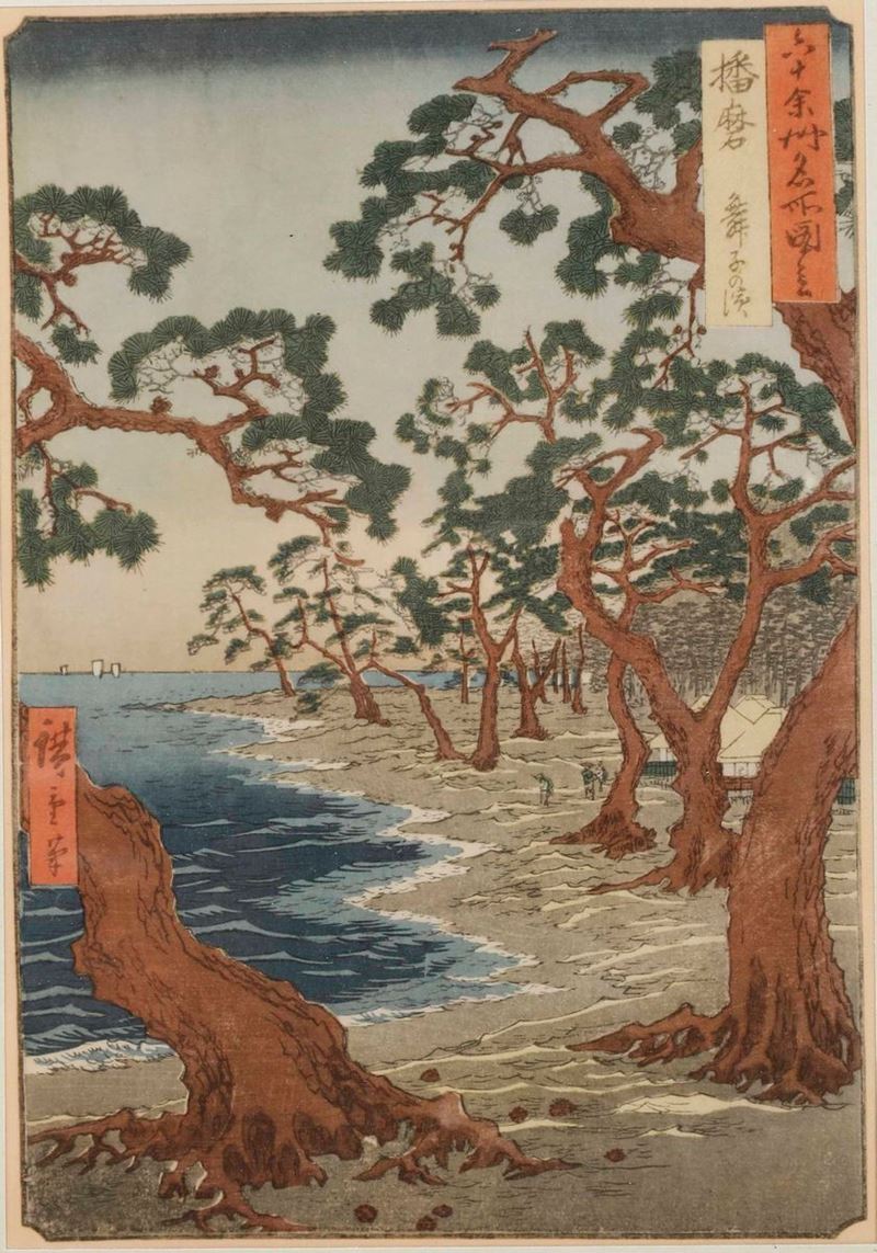 Hirosighe Ando (1797-1858) La spiaggia di Maiko, provincia di Harima  - xilografia su seta - Asta Arte Orientale - Cambi Casa d'Aste